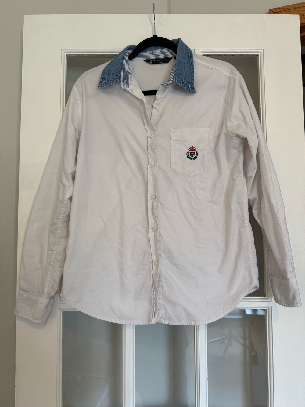 Maurice’s Vintage White Long-Sleeve Shirt with Denim Collar